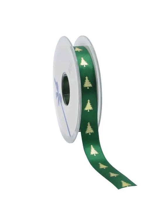 Satin Christmas Ribbon Green with Gold Christmas Trees - 15mm x 25m