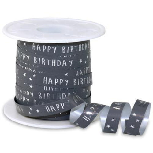 Luxe Krullint Happy Birthday Grijs – 10mm - Decoratielint - Kadopapier.net