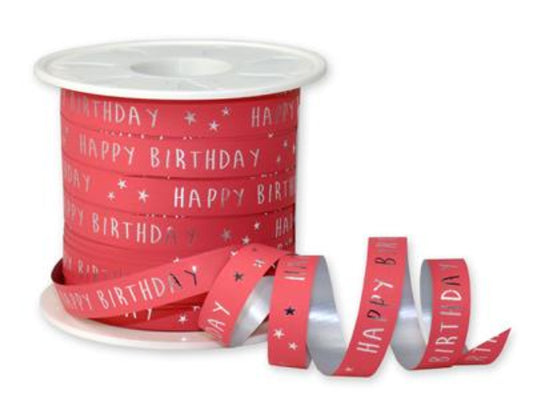 Luxe Krullint Happy Birthday Koraal Rood – 10mm - Decoratielint - Kadopapier.net