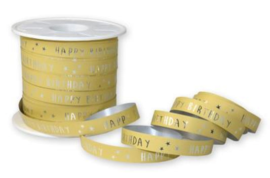 Luxe Krullint Happy Birthday Mosterd Geel – 10mm - Decoratielint - Kadopapier.net