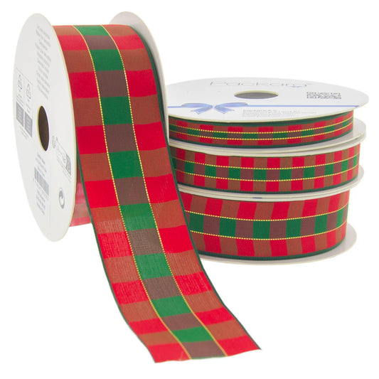 Red-Green Tartan Textile Ribbon with Gold > 25mm, 38mm, 60mm | 1 Piece