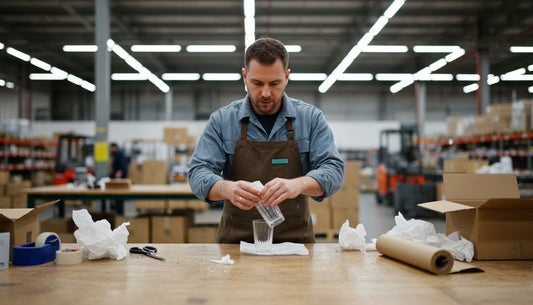 Man wraps glassware in white tissuepapier at warehouse table