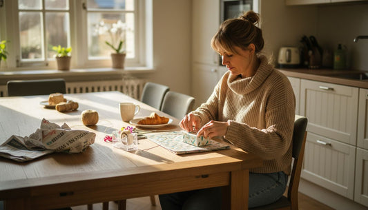 Een vrouw pakt thuis een persoonlijk cadeau mooi in.