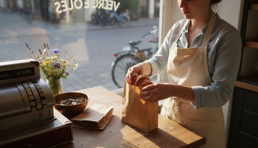 De winkelmedewerker stopt een gebakje in een bruine papieren zak.
