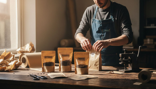 Een technicus sorteert verschillende zakken van kraftpapier.