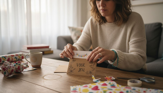 Een vrouw zit aan de salontafel een envelop mooi te maken voor een cadeau.