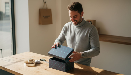Een medewerker in de winkel maakt een chique cadeaudoos open.