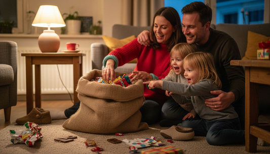 Een gezellig Nederlands gezin zit samen rond de zak van Sinterklaas, vol verwachting van wat erin zit.