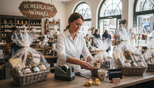 Een winkelmedewerker die cadeaupakketten inpakt en netjes rangschikt, allemaal mooi verpakt in cellofaan.