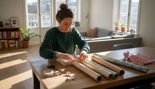Vrouw maakt een creatief geheel van verschillende soorten cadeaupapier.