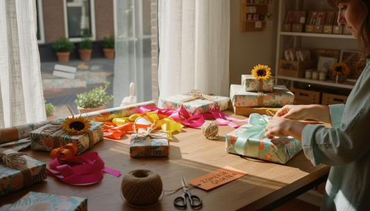 Aan de keukentafel pakt een ondernemer vrolijke zomergeschenken in, klaar om iemand blij te maken.