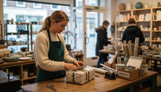 Een medewerker in de winkel pakt cadeautjes mooi voor je in bij de toonbank.