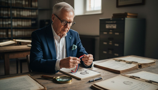 Een man bestudeert een rood-wit-blauw lint in het archief.