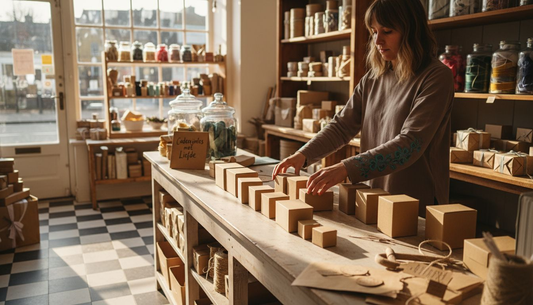 Een medewerker van de cadeauwinkel zet kleine kartonnen doosjes netjes op hun plek.