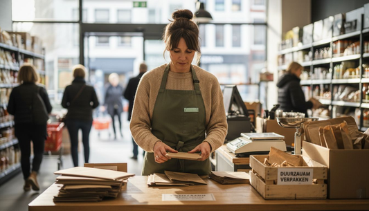 De filiaalmanager zorgt ervoor dat de duurzame verpakkingen netjes gesorteerd op de balie liggen.
