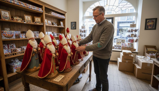 Een winkelier zet vrolijk de Sinterklaaspoppen netjes op een rij in de cadeauwinkel, zodat ze goed opvallen voor de feestdagen.