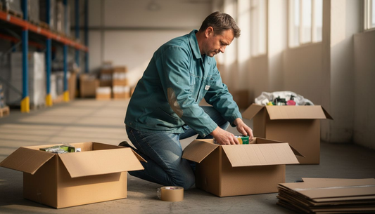 In het magazijn is een medewerker bezig met het vullen van grote dozen.