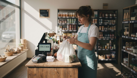 Een medewerker legt nieuwe plastic tasjes klaar bij de kassa.