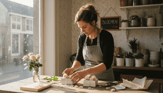 Een bloemist schikt zorgvuldig roze rozen om er een mooi cadeau van te maken.