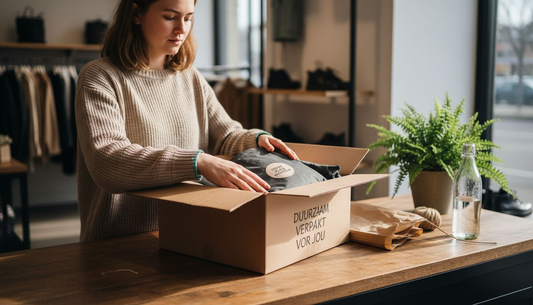 Een medewerker verpakt kleding in een milieuvriendelijke doos.