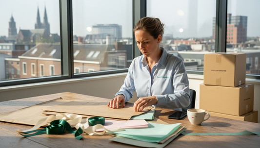 Een verpakkingsspecialist bekijkt en sorteert diverse monsters in een kantoor met uitzicht.