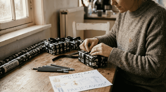 Moeder maakt van het inpakken van Sinterklaas cadeautjes een waar kunstwerk.