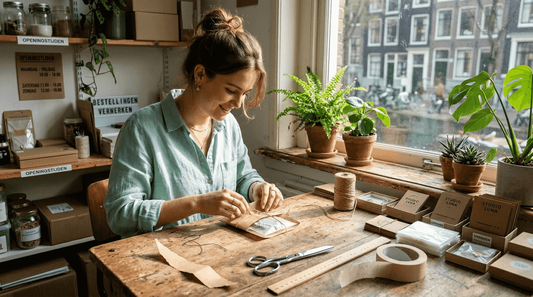 Aan een robuuste houten werkbank pakt een ondernemer met zorg handgemaakte sieraden in.