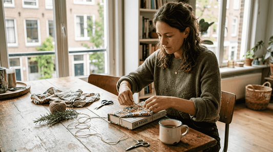 Een vrouw pakt een cadeau in met een mooie doek en knoopt deze stijlvol vast.