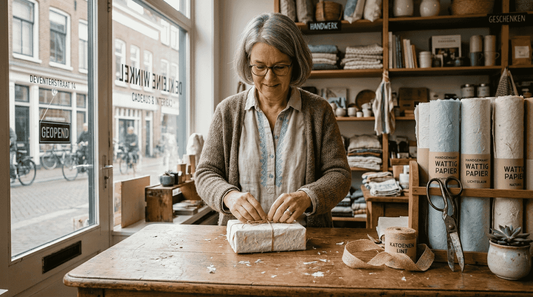 De winkelier pakt een cadeau zorgvuldig in met zacht, wattig papier.