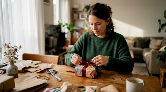 Een vrouw die een cadeau inpakt en het afwerkt met originele, creatieve versieringen.