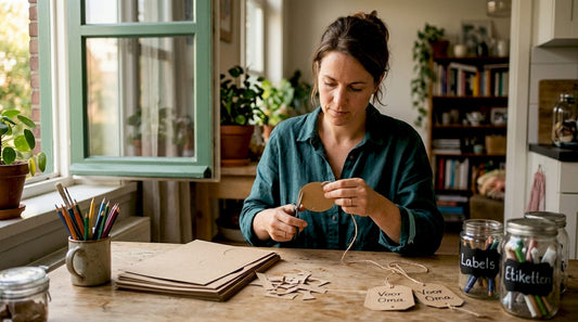 Aan de keukentafel zit een vrouw gezellig zelf cadeaulabels te maken.