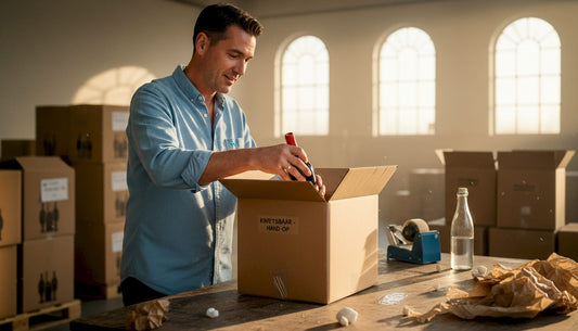 Man zet een fles wijn zorgvuldig in een stevige doos om te versturen.