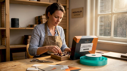 Een chocolatier stelt met zorg een luxe doos bonbons samen.
