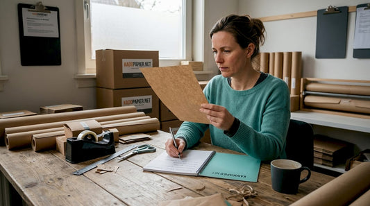 Een vrouw bekijkt aandachtig een vel kraftpapier aan haar werktafel.