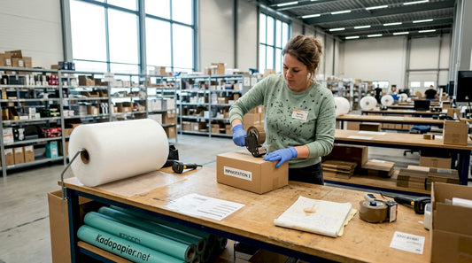 Een medewerker is bezig met het inpakken van bestellingen in het magazijn van een webshop.