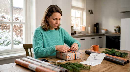 In een sfeervolle woonkamer zit een vrouw aandachtig een kerstcadeau persoonlijk te maken.