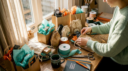 Iemand legt op een tafel zorgvuldig cadeautasjes klaar, helemaal in stijl met het gekozen thema.