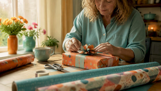 Een vrouw knutselt een sierlijke strik van papier op de keukentafel.