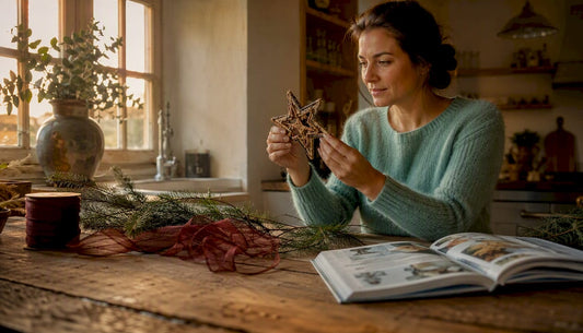 Een vrouw zit aan tafel en bewondert een houten kerstster.
