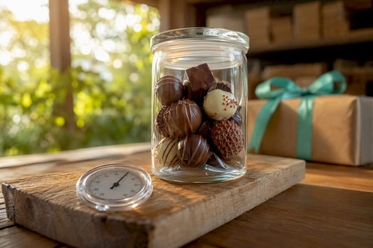 Stukjes chocolade in een glazen pot op het keukenkastje