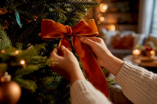 Handen maken een stevige kerststrik in de boom