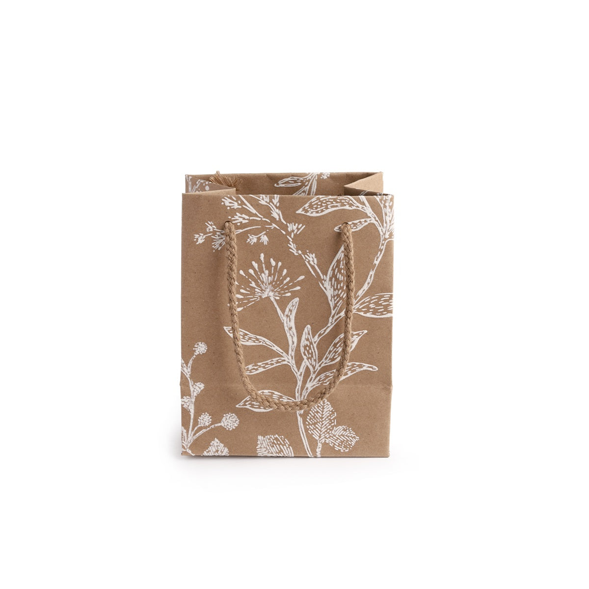 Kraft draagtas met witte botanische print, achterkant - Kadopapier.net