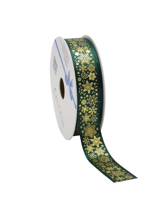 Weihnachtsband Satin Sterne und Schneeflocken Dunkelgrün
