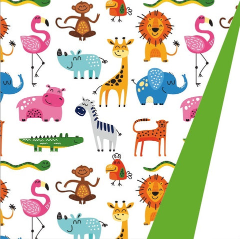 Jungle Fiesta - Dubbelzijdig Inpakpapier op Rol - Vrolijke Dierenprint & Groen - Gecoat Papier - 30,