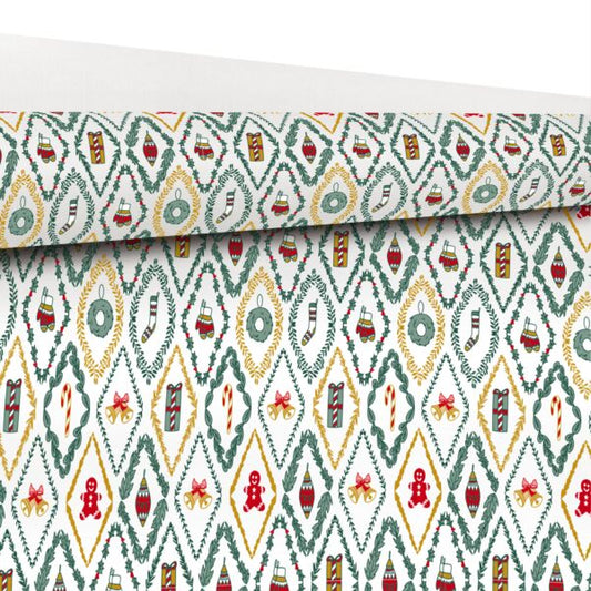 Christmas - Rol inpakpapier – Wit met kerst afbeeldingen – 60 grams gestreken kraft – 69x50m