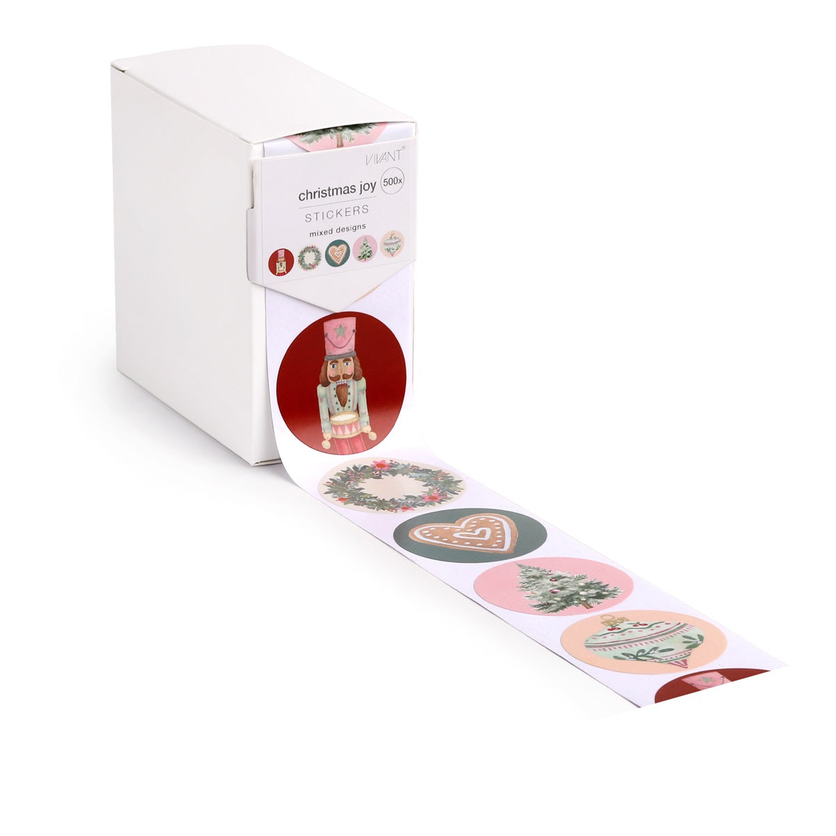 Rol kerststickers met notenkraker en kerstballen in dispenserdoos - Kadopapier.net