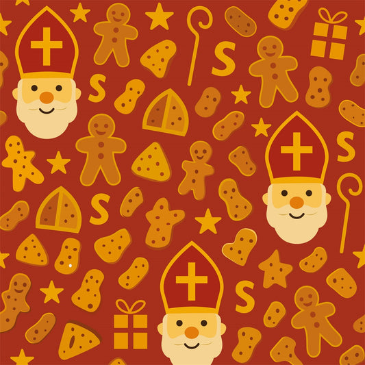 Sinterklaaspapier Pepernoten Pret - rood met pepernoten en Sinterklaas - Kadopapier.net