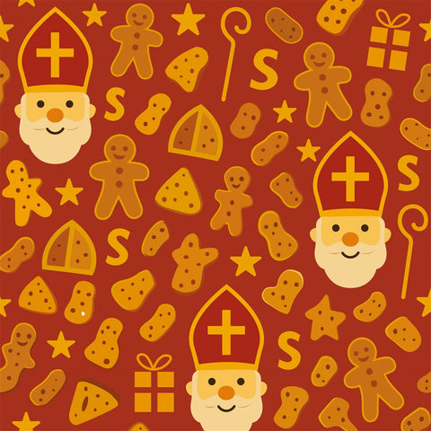 Sinterklaaspapier Pepernoten Pret - rood met pepernoten en Sinterklaas - Kadopapier.net