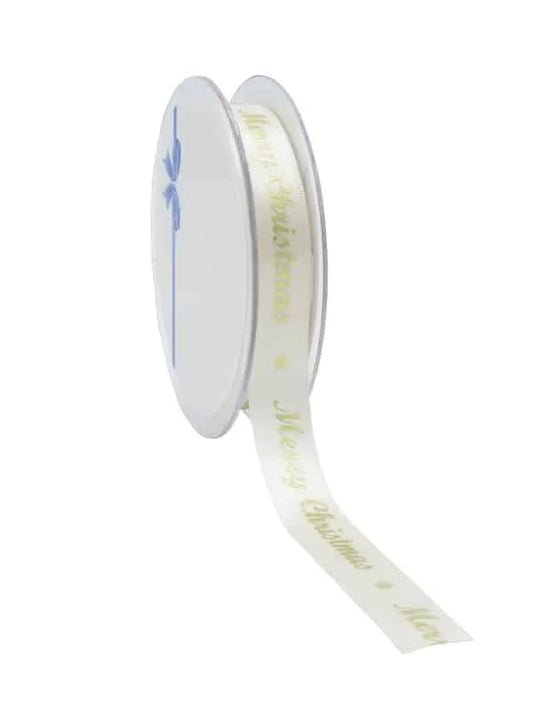 Elfenbeinfarbenes Satin-Weihnachtsband „Frohe Weihnachten“ 15 mm x 25 m