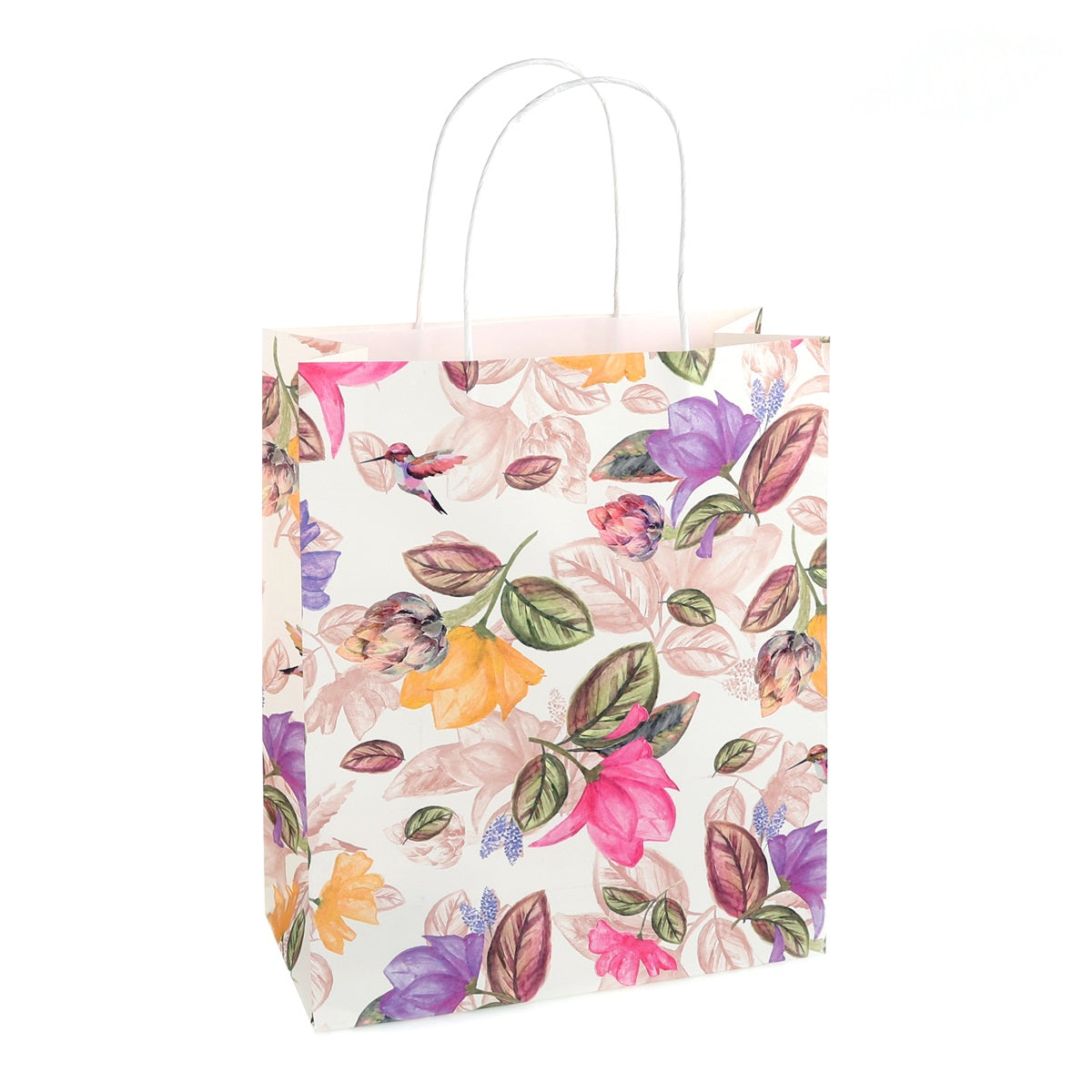 Witte draagtas met bloemen en kolibrie, 34 x 28,5 cm - Kadopapier.net
